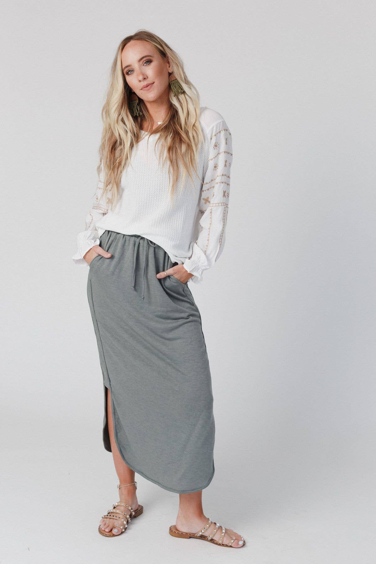 Three Bird Nest - So Comfy Drawstring Maxi Skirt - Light Olive