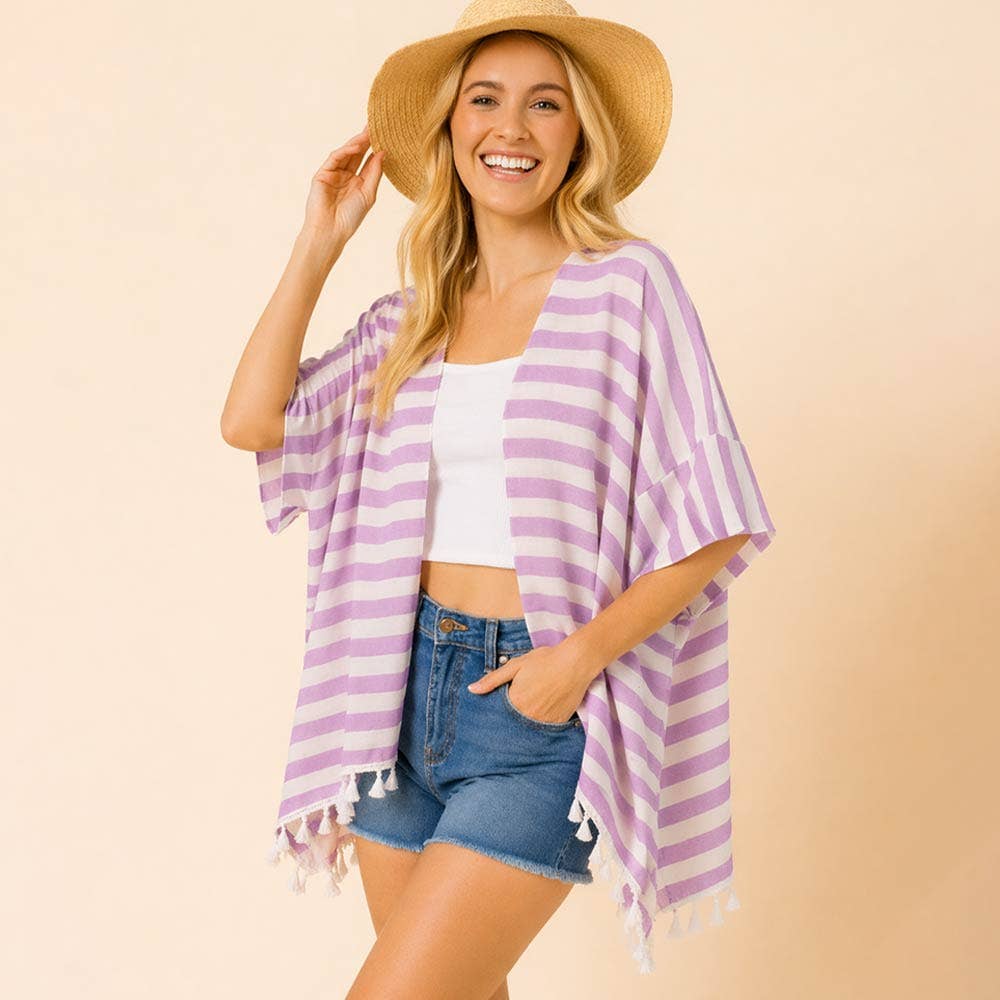 Sensibling Corp. - Striped Tassel Detail Open Front Kimono Poncho