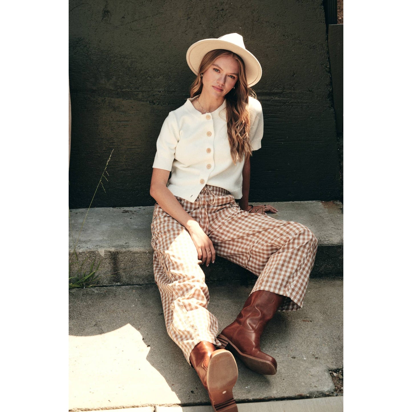 in february - EASY DAY RELAXED GINGHAM COTTON BARREL LEG PANTS