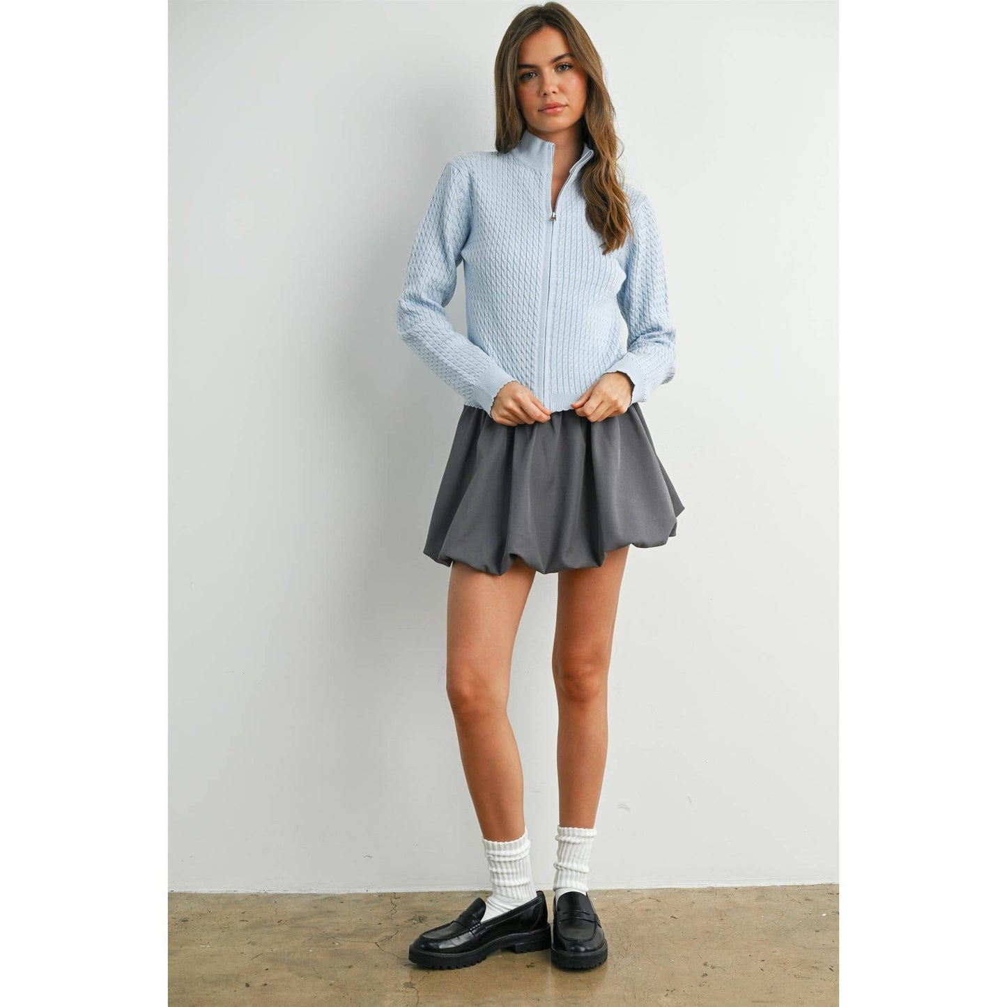 BUTTERMELON - Zip Up Long Sleeve Mock Neck Cardigan - BMC7936