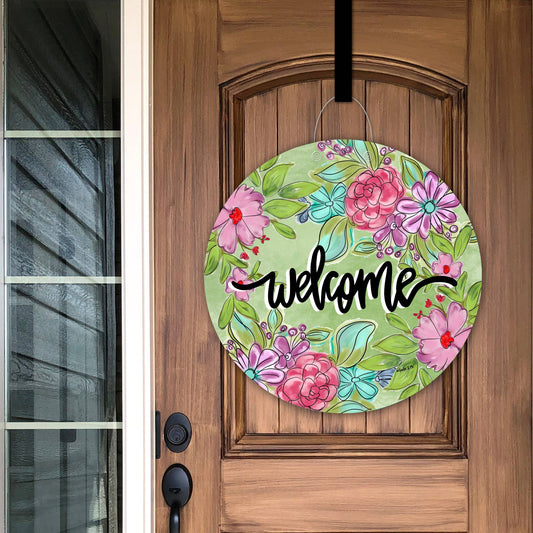 Baxter & Me - Welcome Pretty Pink & Purple Floral Door Hanger
