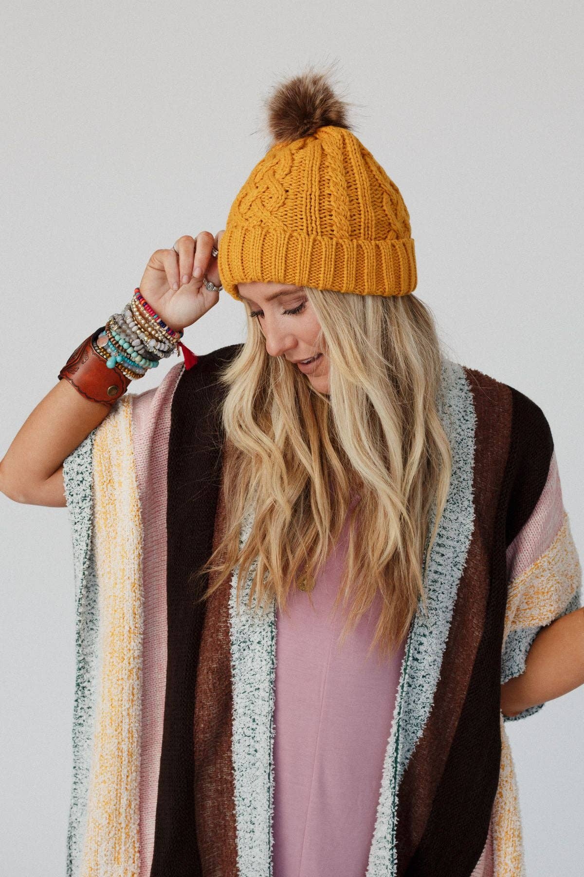 Three Bird Nest - Cable Knit Faux Fur Pom Beanie - Mustard