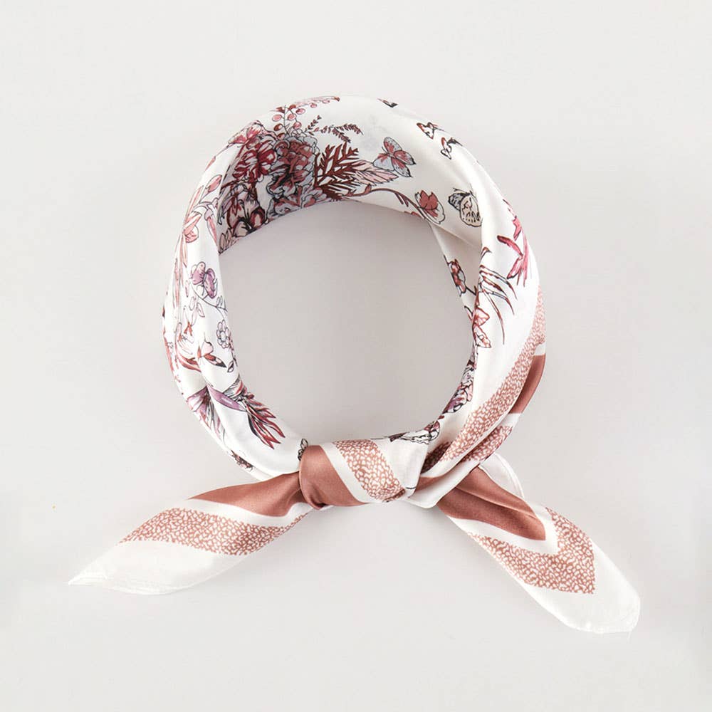 Sensibling Corp. - Chinoiserie Butterfly Floral Pattern Printed Square Silky Satin Bandana Scarf