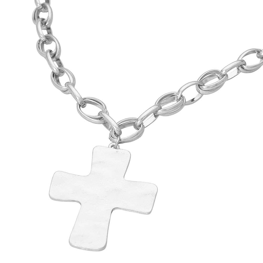 Sensibling Corp. - Brushed Metal Cross Pendant Chunky Chain Necklace