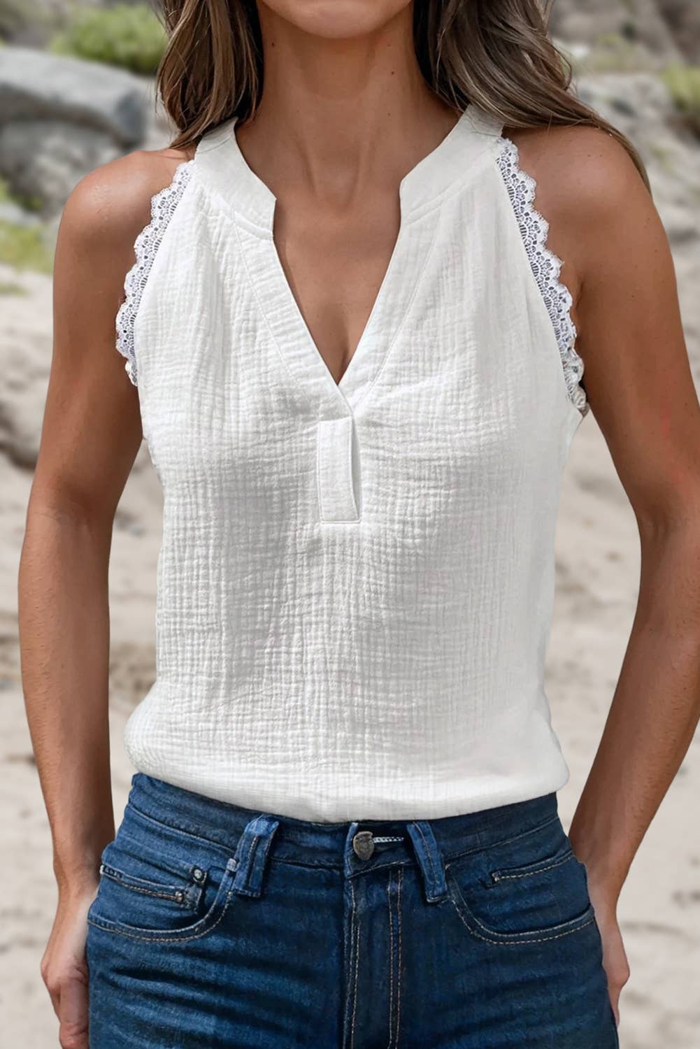 Aapparella - Cotton Textured Lace Trim Sleeveless Top | S-XL