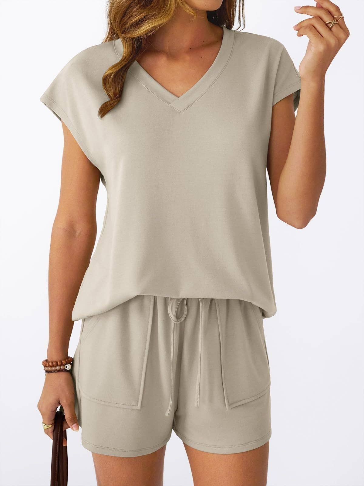 Lovesoft - Women’s V Neck Short Sleeve Top and Drawstring Shorts Set Casual Summer Lounge Outfit