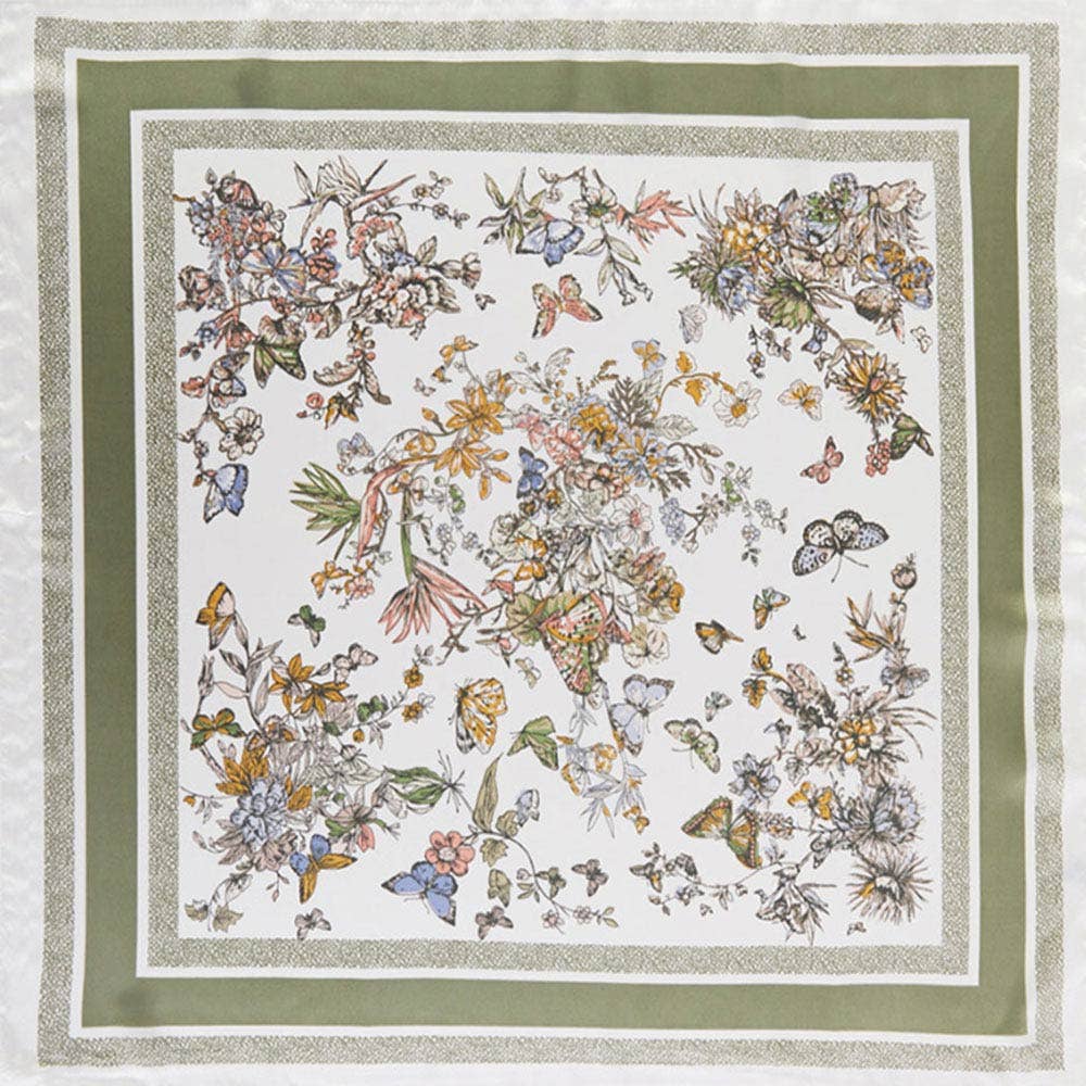 Sensibling Corp. - Chinoiserie Butterfly Floral Pattern Printed Square Silky Satin Bandana Scarf