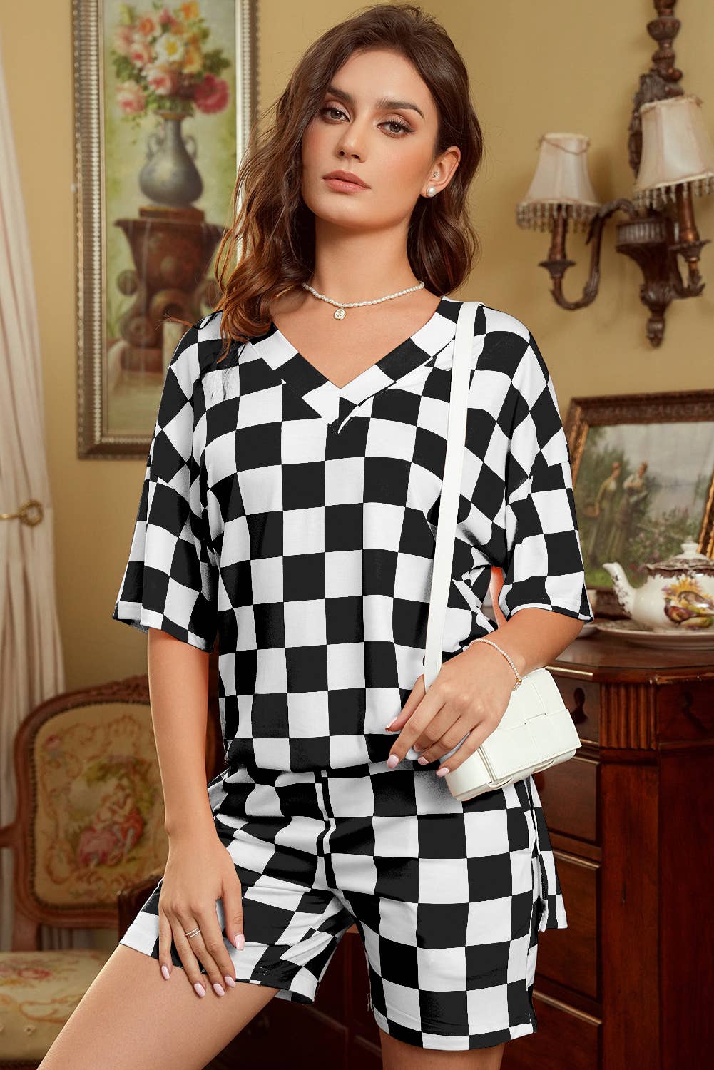 1 the Woman - Checkerboard Print V Neck Loose Tee and Shorts Lounge Set