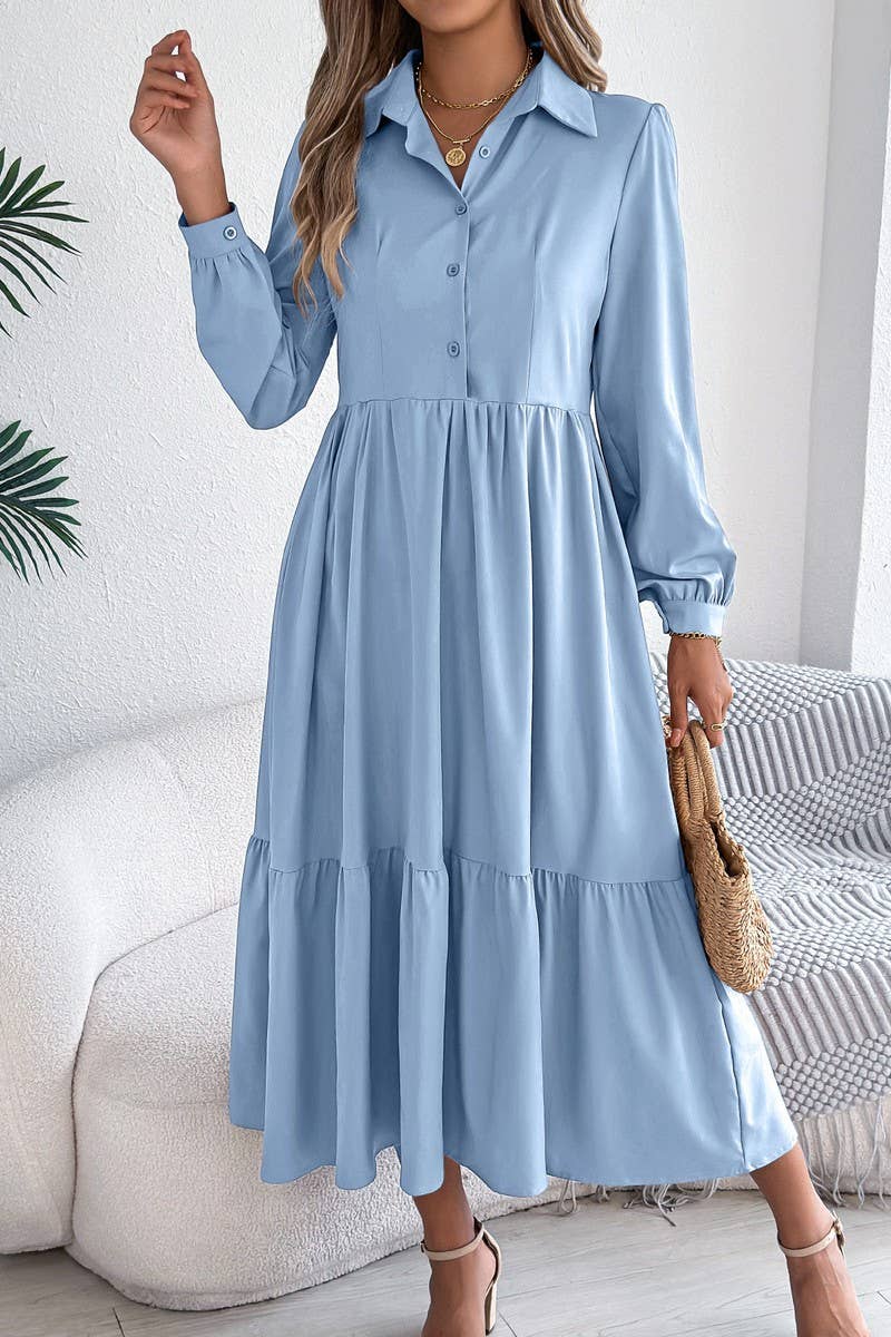 NINEXIS - CWDMD6027_LOOSE FIT RUFFLE TRIM LONG SLEEVE SHIRT DRESS