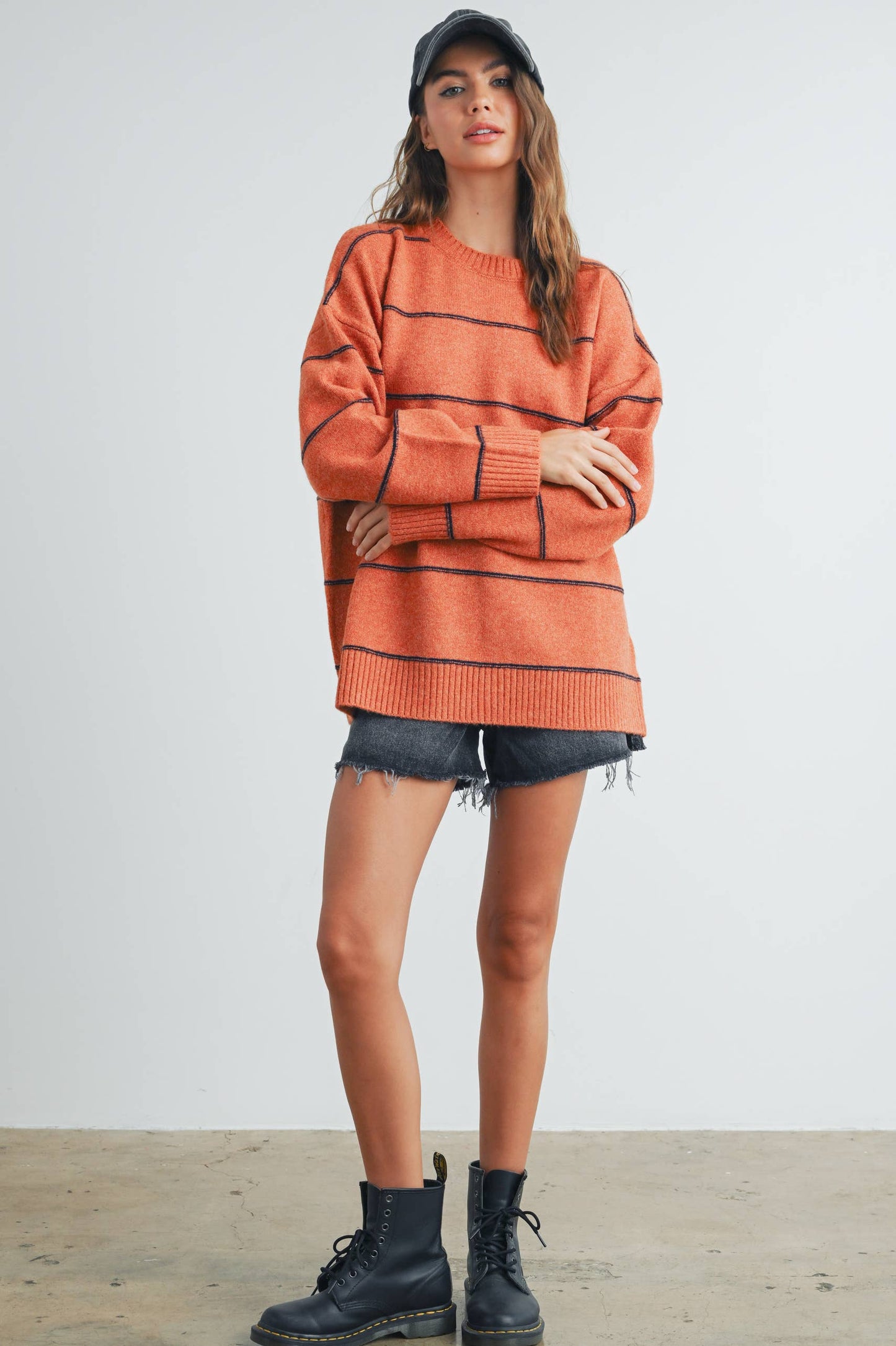 BUTTERMELON - Striped Pattern Drop Shoulder Sweater - BMW7421