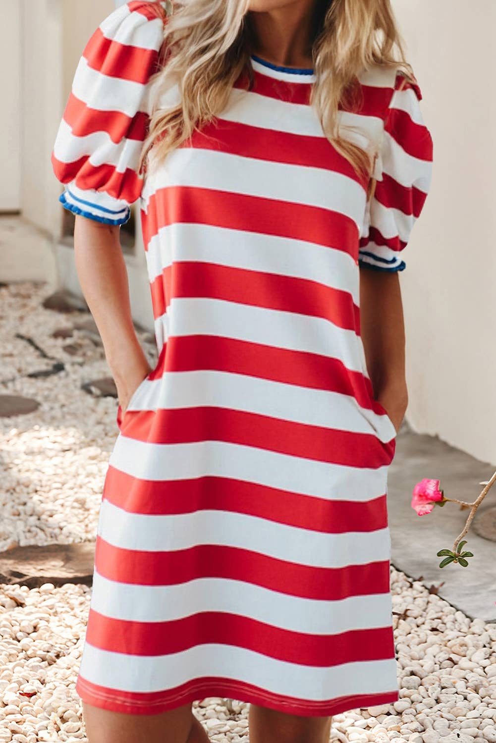 Little Daisy Closet - 4th of July Stripe Contrast Trim Puff Sleeve Shift Dress
