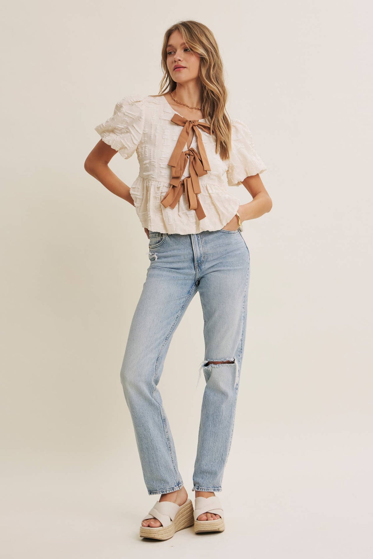 in february - BESTSELLER ROMANTIC TEXTURED CONTRAST BOW PEPLUM BLOUSE
