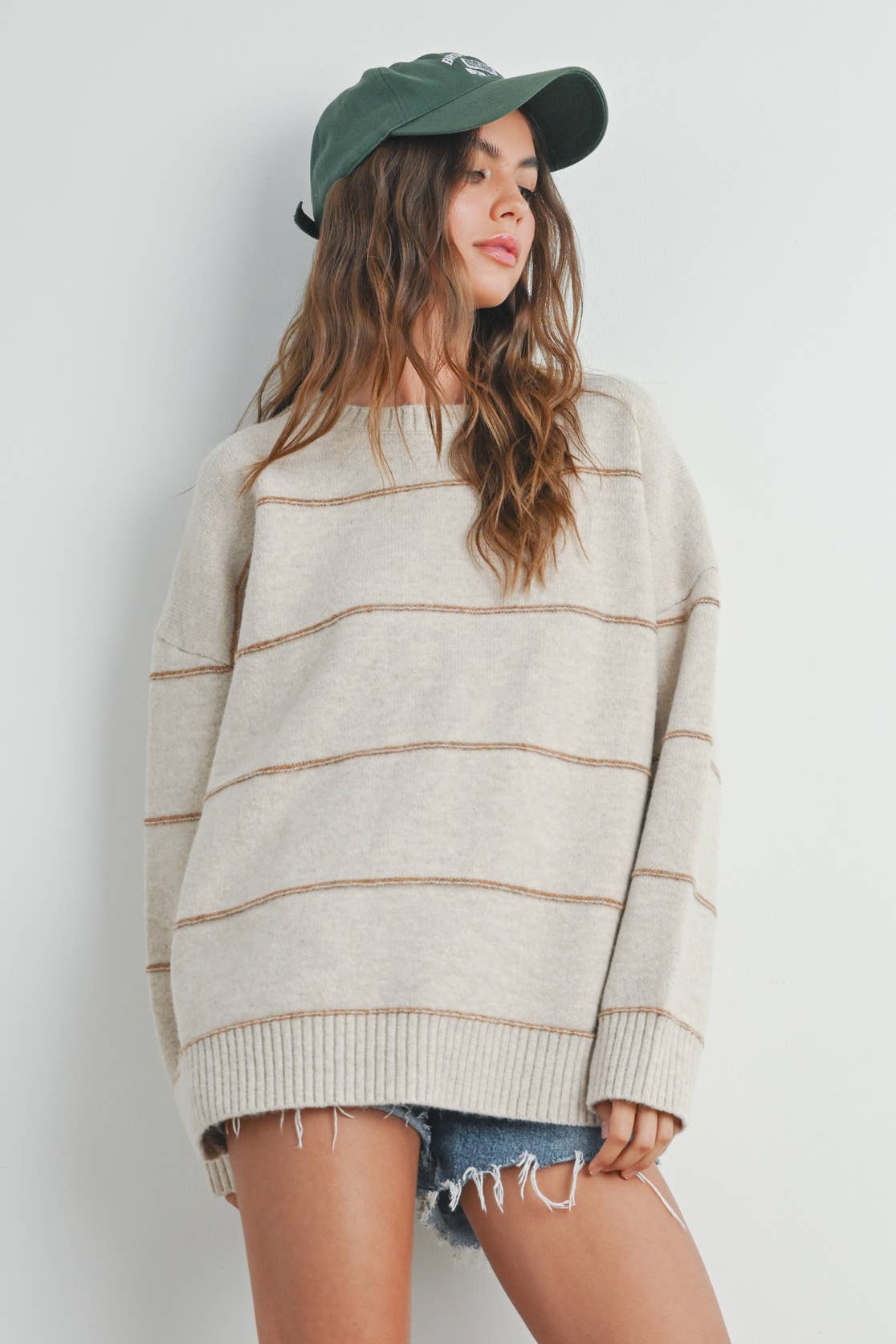 BUTTERMELON - Striped Pattern Drop Shoulder Sweater - BMW7421