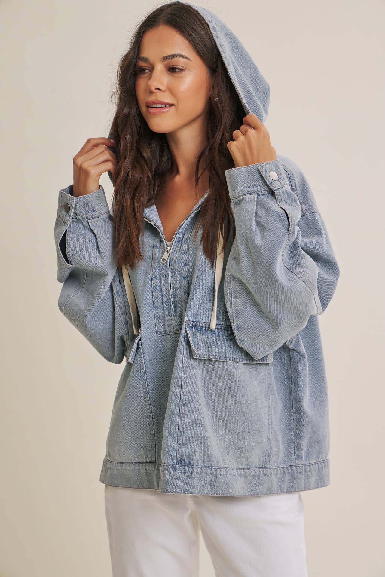 in february - CRAVING COMFORT MINERAL-WASHED DENIM HOODED PULLOVER