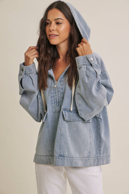 in february - CRAVING COMFORT MINERAL-WASHED DENIM HOODED PULLOVER