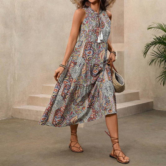 Lovesoft - Women’s Boho Paisley Tassel Maxi Dress Sleeveless