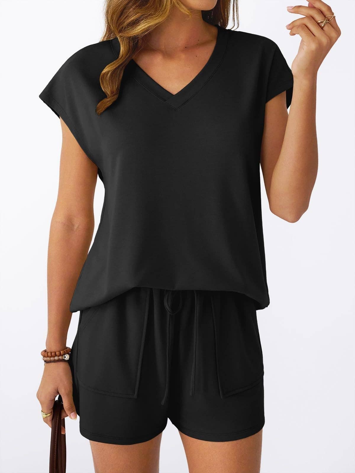 Lovesoft - Women’s V Neck Short Sleeve Top and Drawstring Shorts Set Casual Summer Lounge Outfit