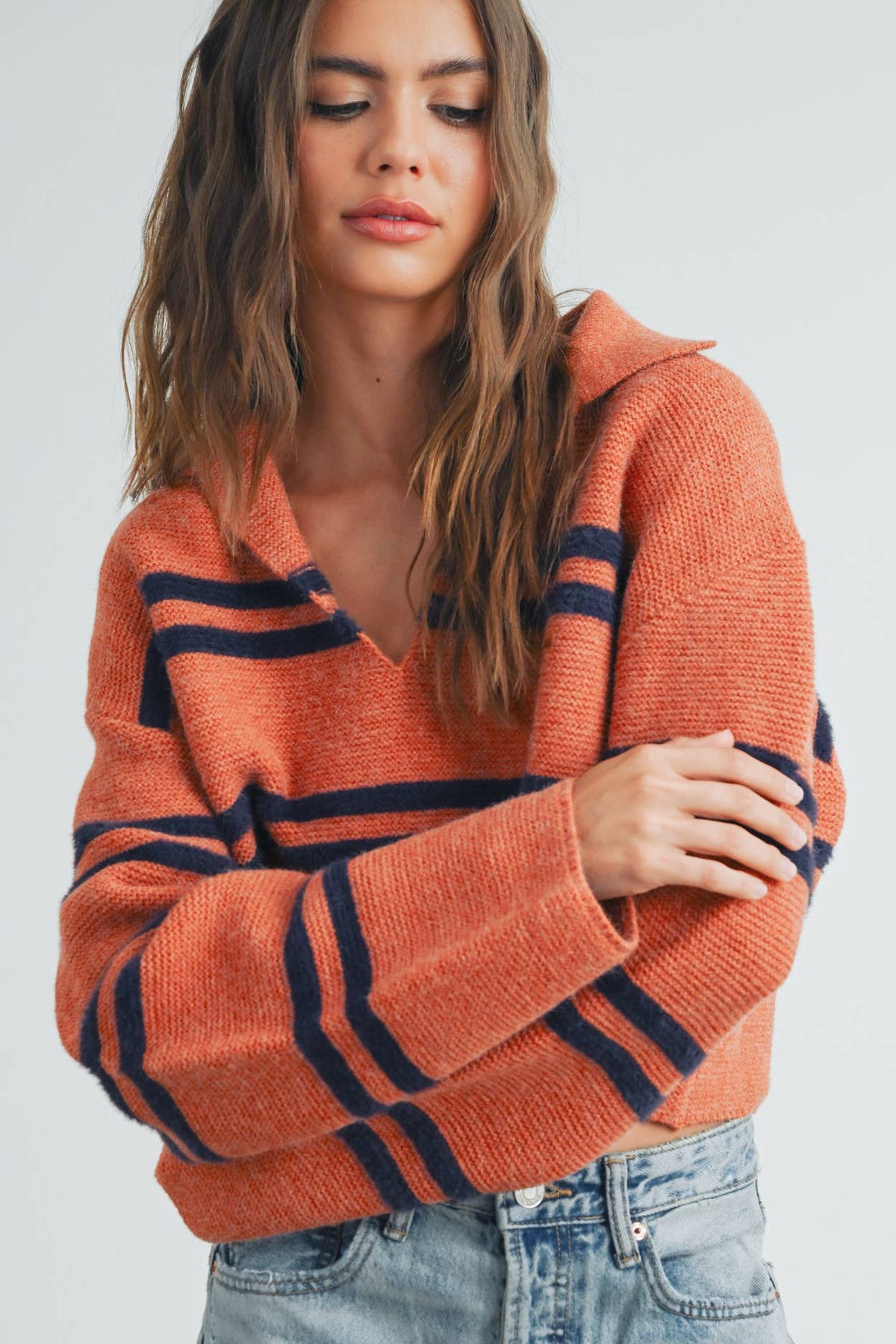 BUTTERMELON - Stripe Crop Collar Sweater Top - BMW7393