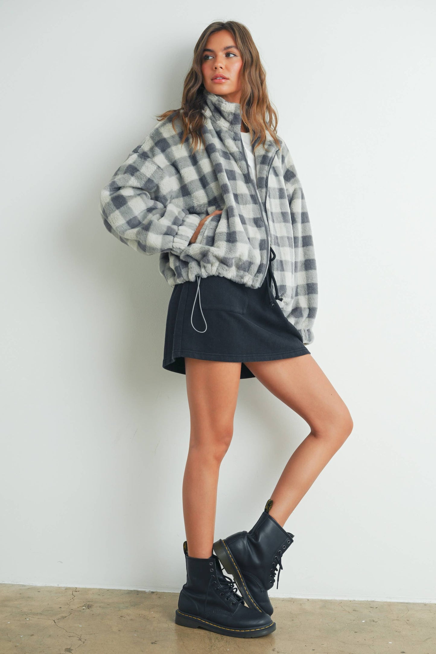 BUTTERMELON - Fall Drop Shoulder Plaid Fall Jacket - BMJ7504