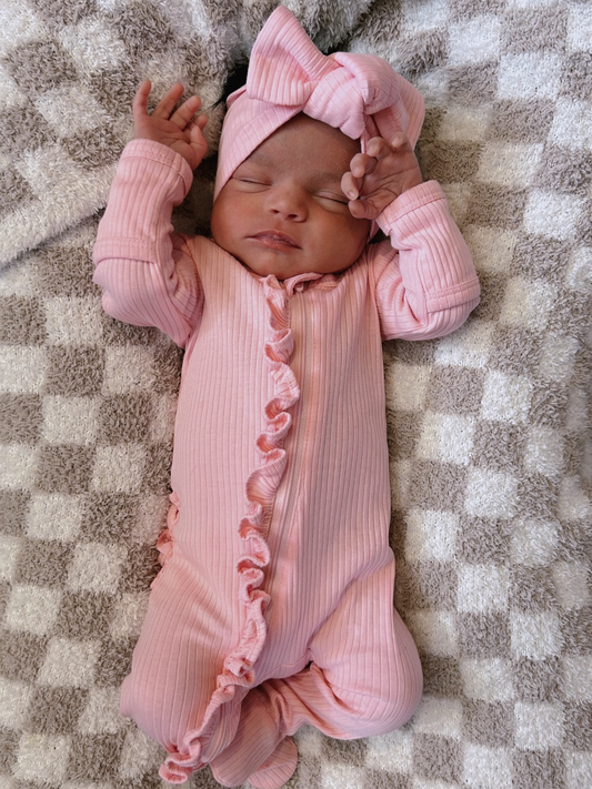 SIIX Collection - Pink / Organic Ribbed Frill Zip Footie (Baby - Kids)
