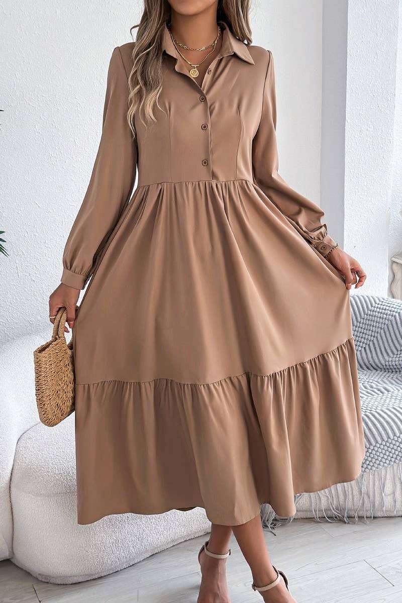 NINEXIS - CWDMD6027_LOOSE FIT RUFFLE TRIM LONG SLEEVE SHIRT DRESS