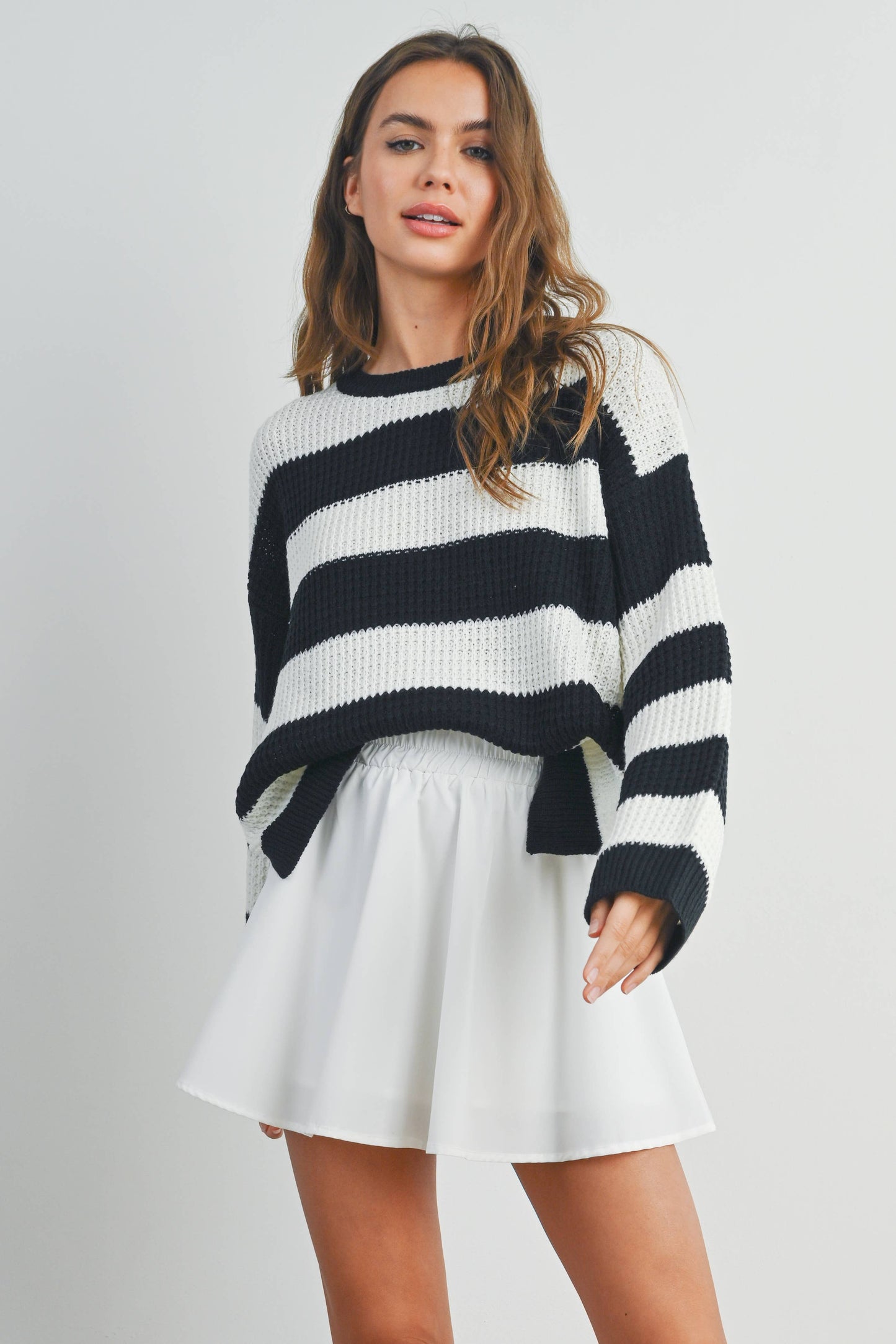 BUTTERMELON - Striped Round Neck Long Sleeve Sweater - BMW7329