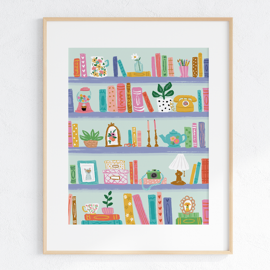 Makerie Day - Happy Bookshelves - no  words -  Bookish Art Print