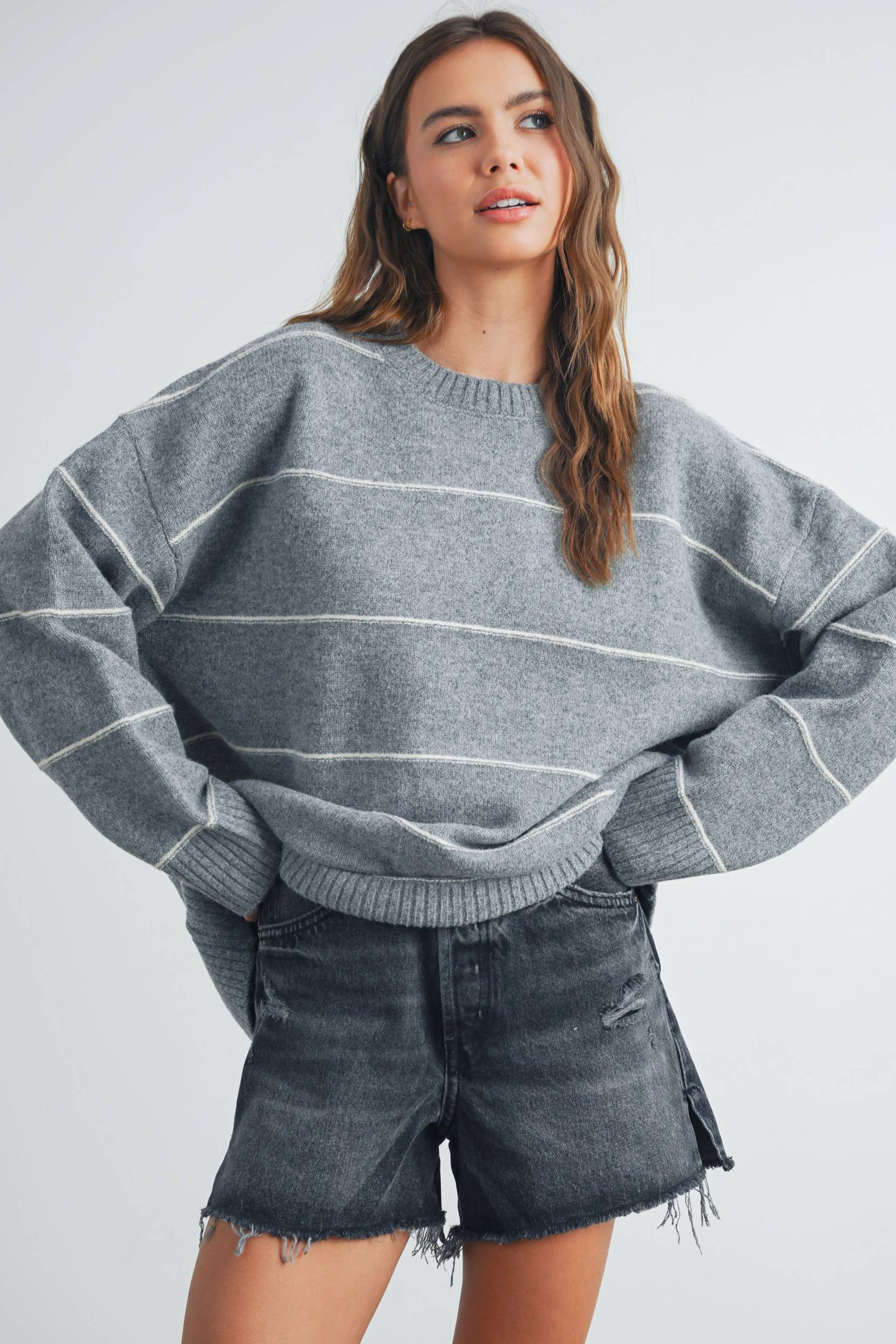 BUTTERMELON - Striped Pattern Drop Shoulder Sweater - BMW7421