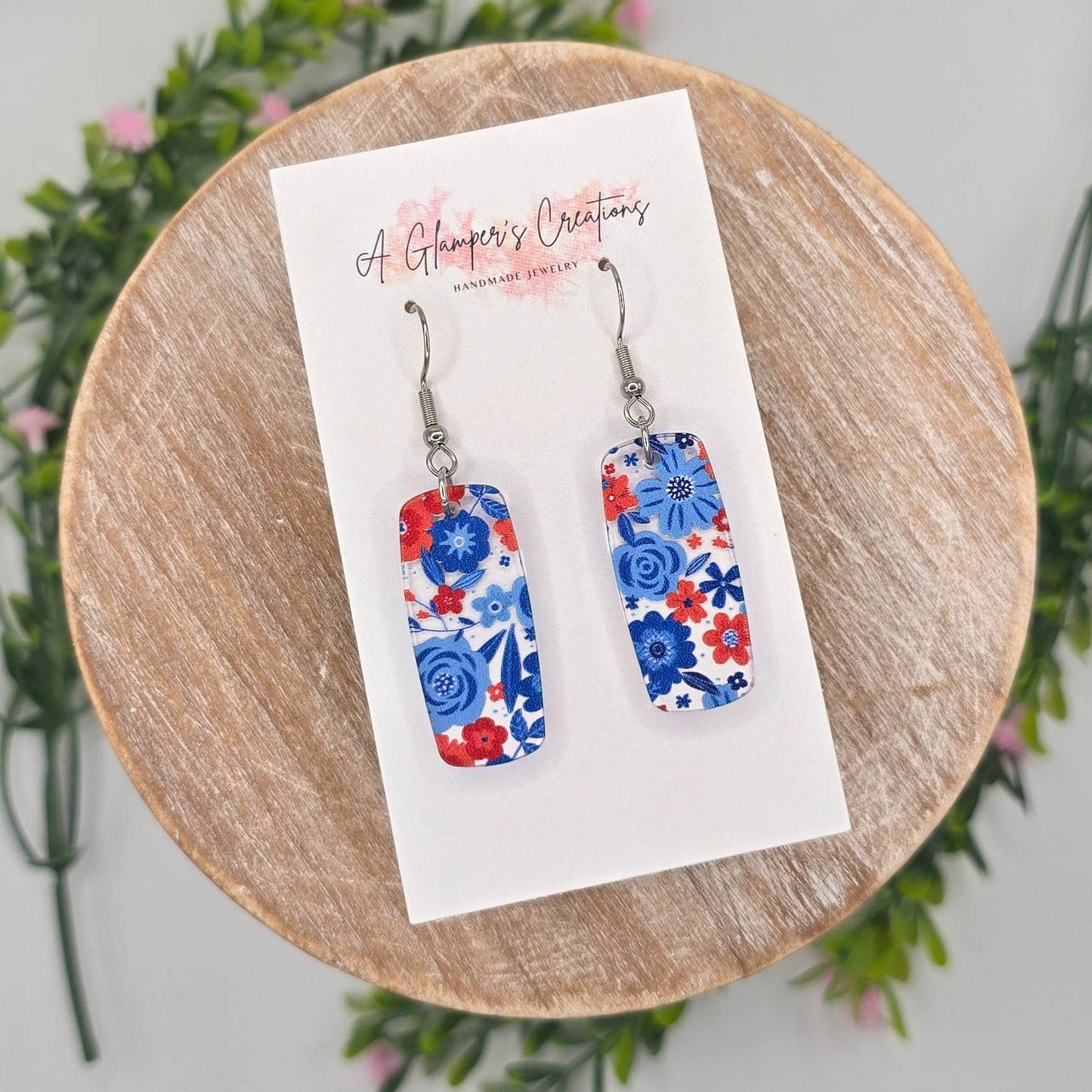 A Glamper's Creations LLC - 4th of July Red & Blue Floral Acrylic Mini Bar Earrings