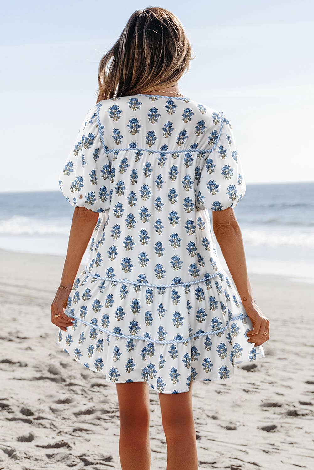 Aapparella - Floral Puff Sleeve Tied Neck Pocketed Mini Dress | S-XL