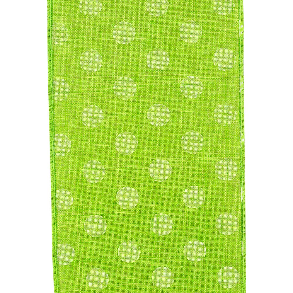 RELIANT RIBBON - White Jumbo Dots Linen Wired Edge, Lime, 4 In, 10 Yards