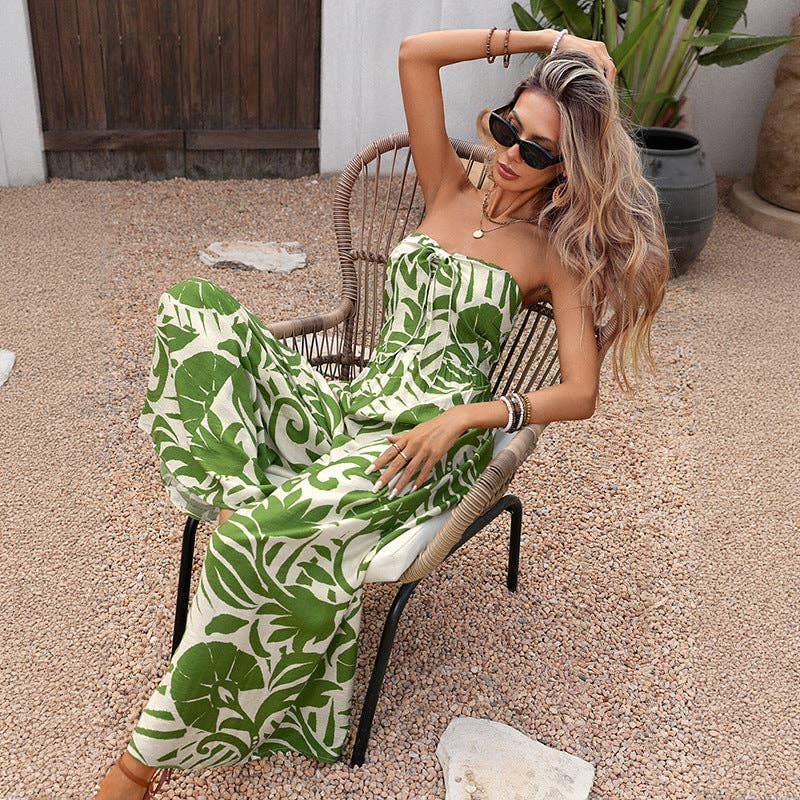Lovesoft - Women Strapless Tropical Print Wide Leg Jumpsuit Summer