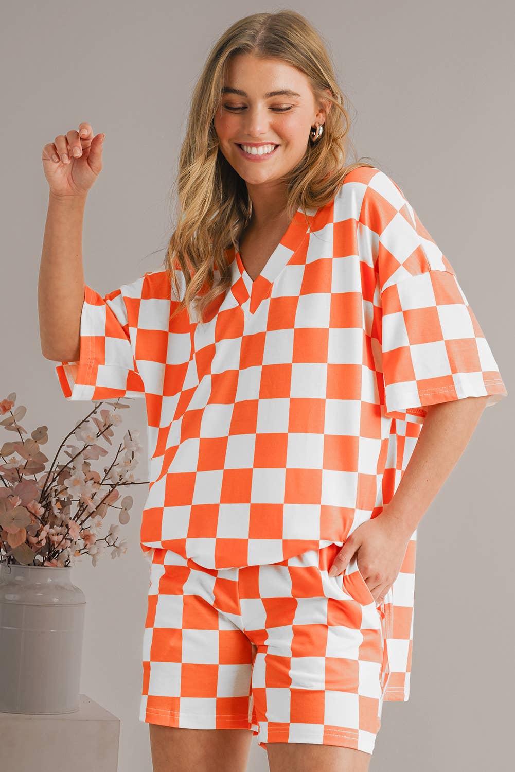 Aapparella - Checkered Print V Neck Top & Shorts Lounge Set | S-XL