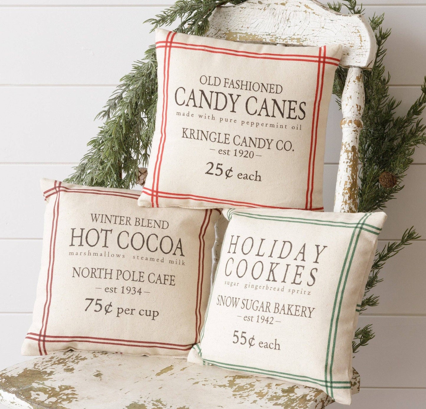 Audrey's Home & Gift - Grain Sack Pillows - Hot Cocoa, Candy Canes, Cookies