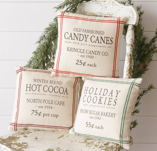 Audrey's Home & Gift - Grain Sack Pillows - Hot Cocoa, Candy Canes, Cookies