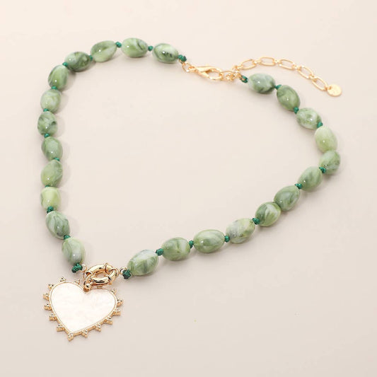 Sensibling Corp. - Mother of Pearl Heart Pendant Marbled Resin Oval Beaded Necklace