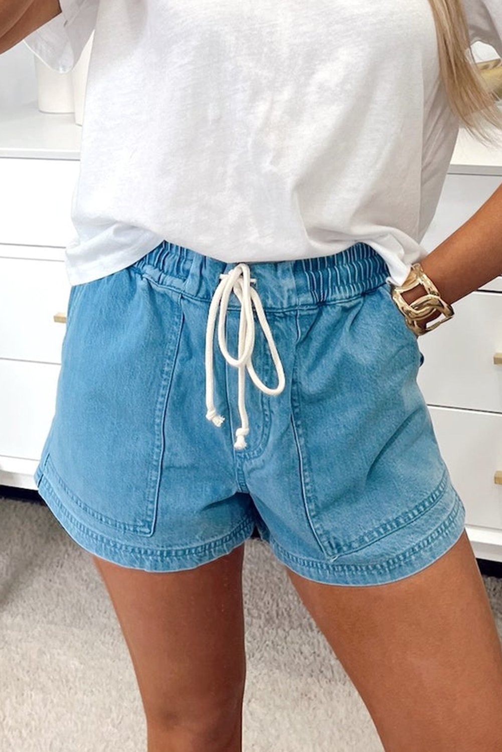 Lovesoft - Beau Blue Contrast Drawstring Elastic Waistband Denim Shorts