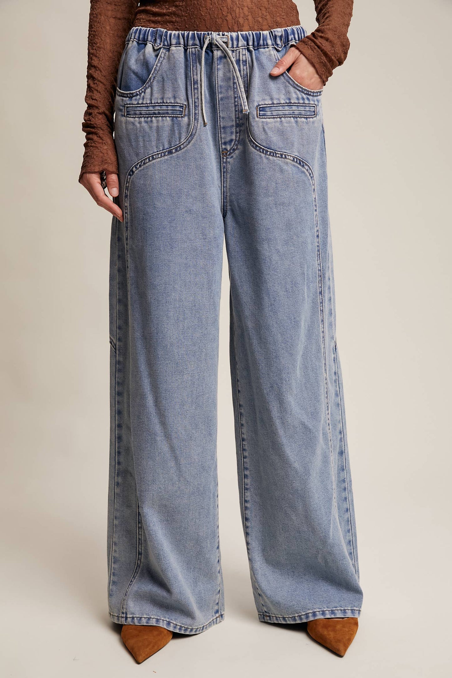 Listicle - Wide Leg Denim Drawstring Pants