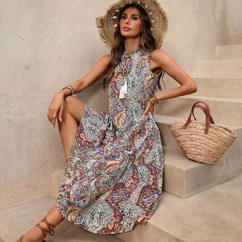 Lovesoft - Women’s Boho Paisley Tassel Maxi Dress Sleeveless