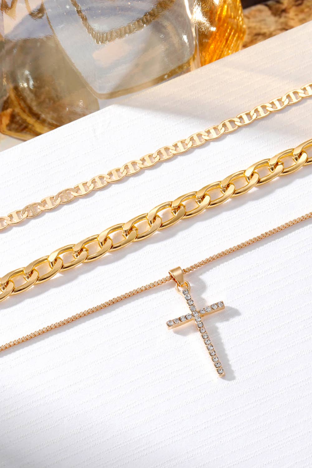 1 the Woman - Plated Cross Pendant Multi Layer Stacked Chains Necklace