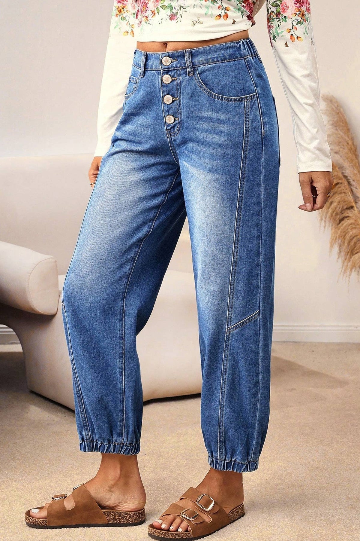 1 the Woman - Buttons Front Tapered Casual Loose Fit Jeans