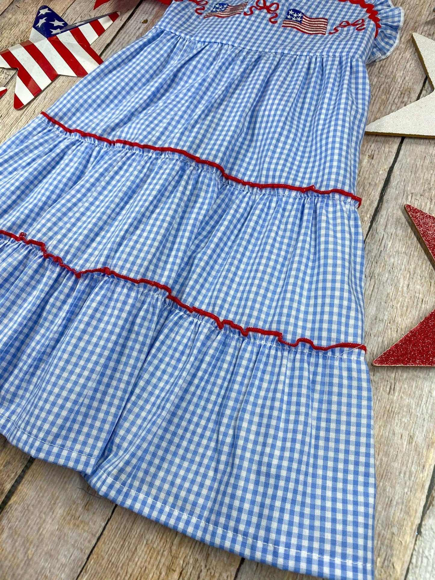 The Hair Bow Company - Blue Gingham American Flag Tiered Dress | Girls Patriotic Ruffle Dress