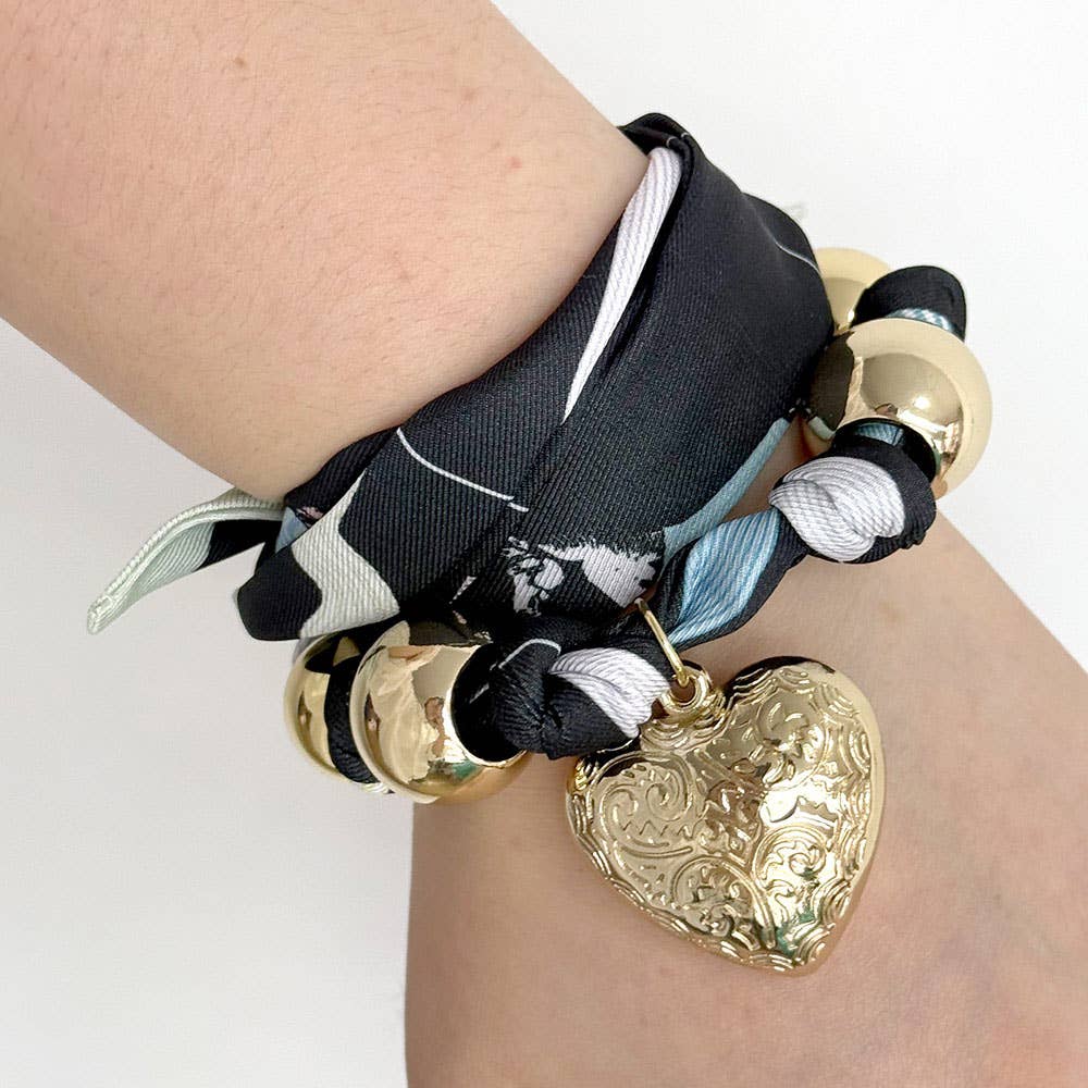 Sensibling Corp. - Gold Dipped Puffy Textured Heart Charm Accent Fabric Scarf Necklace / Adjustable Bracelet / Bag Charm