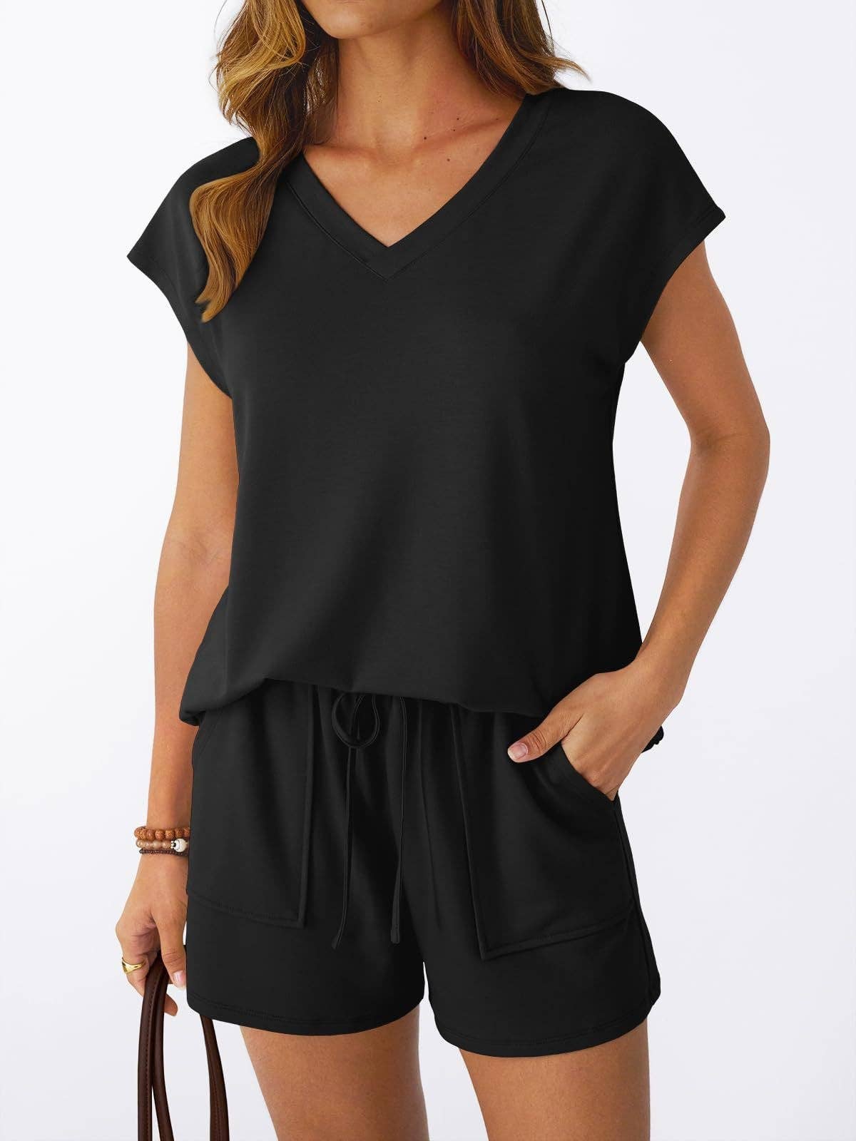 Lovesoft - Women’s V Neck Short Sleeve Top and Drawstring Shorts Set Casual Summer Lounge Outfit