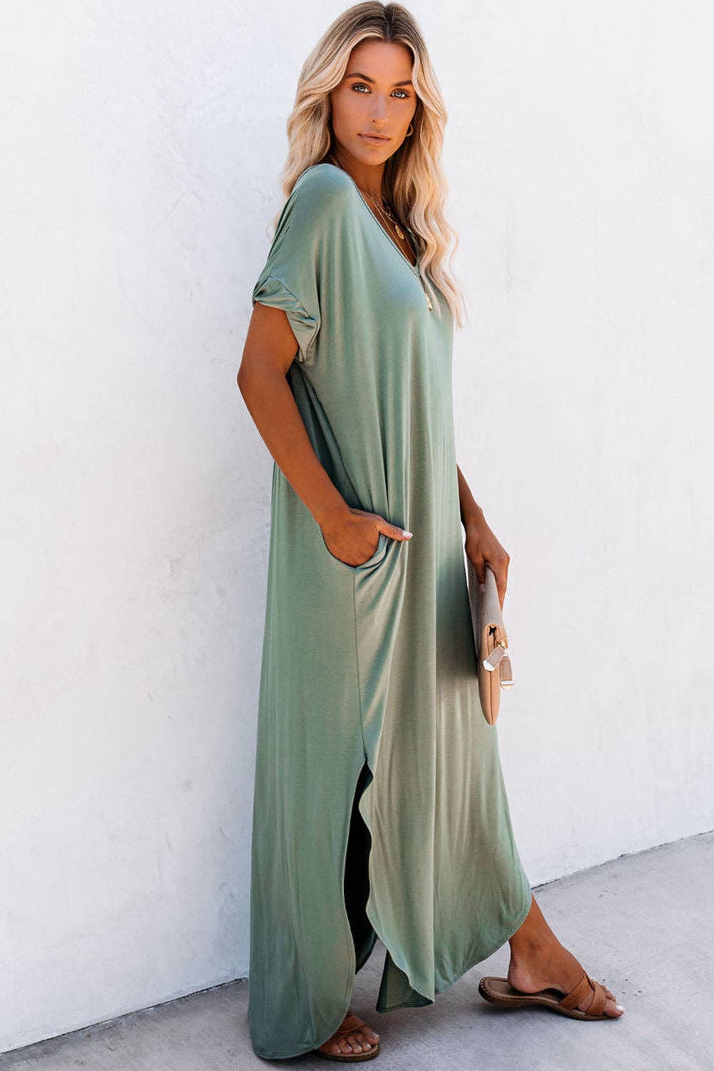 Lovesoft - V Neck Hidden Pocket Splits Maxi T-shirt Dress
