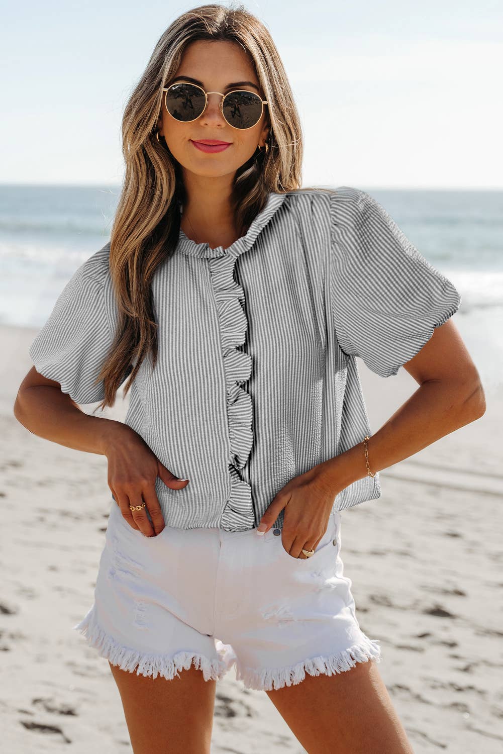 Aapparella - Texture Striped Ruffled Detail Shirt | S-XL