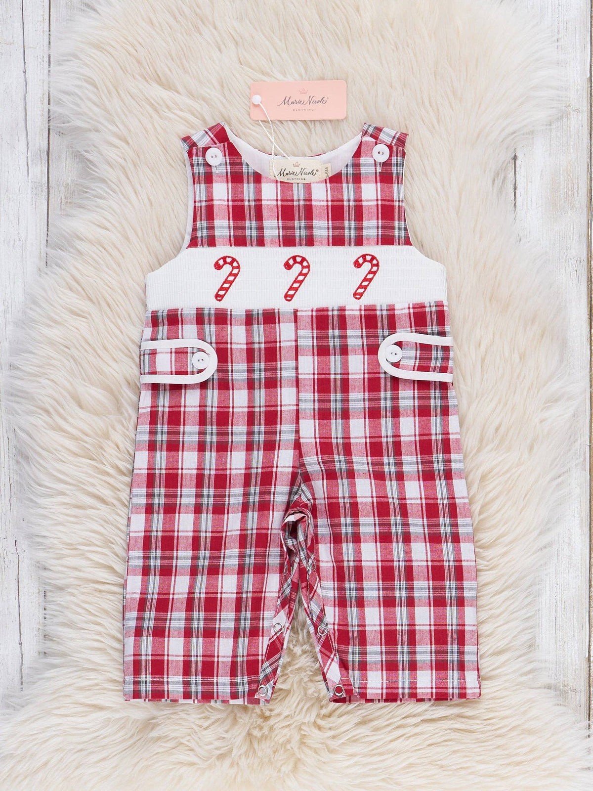 Marie Nicole Clothing - Candy Cane Plaid Smocked Johnny