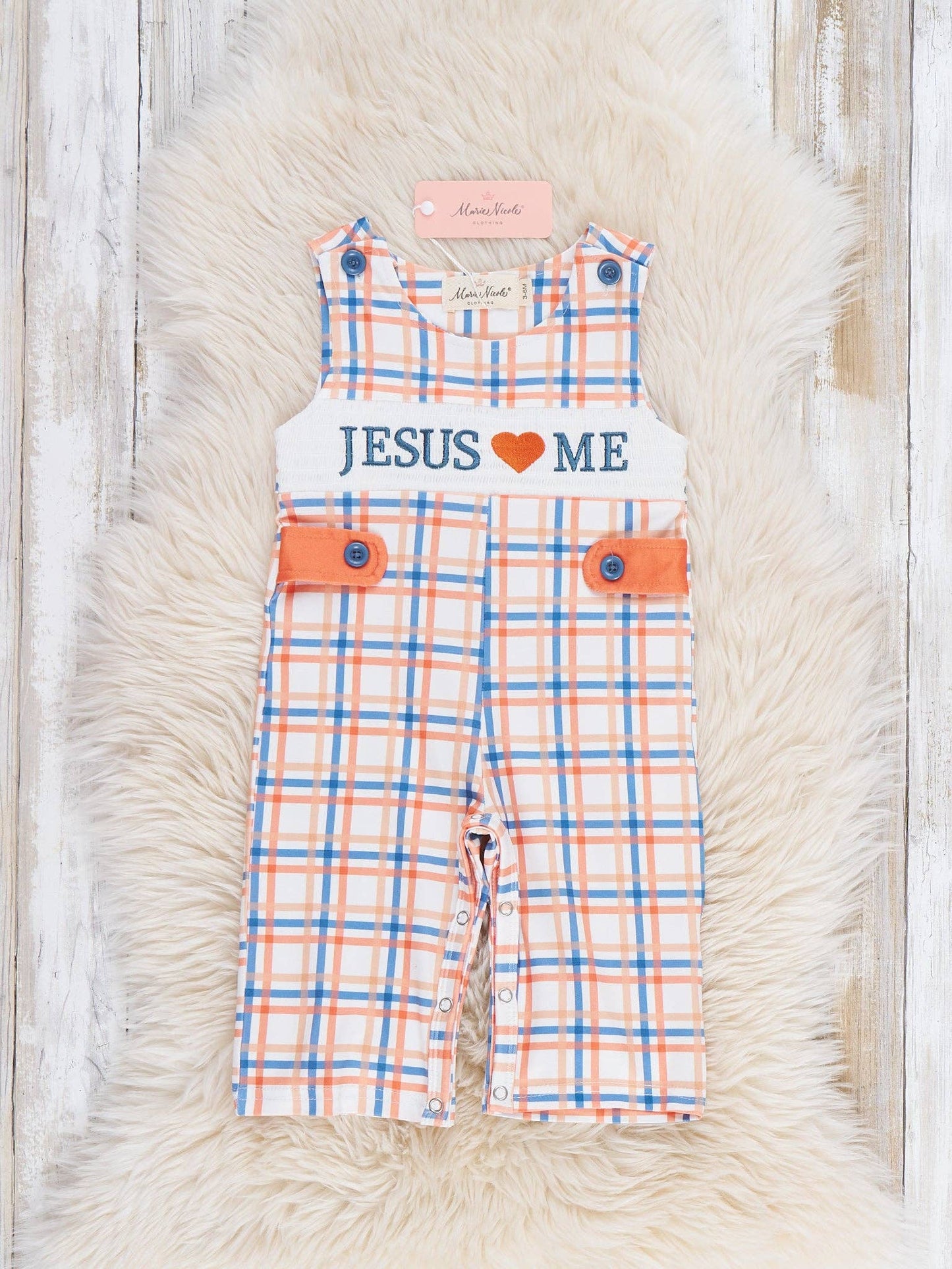 Marie Nicole Clothing - Graceful Plaid "Jesus Loves Me" Romper