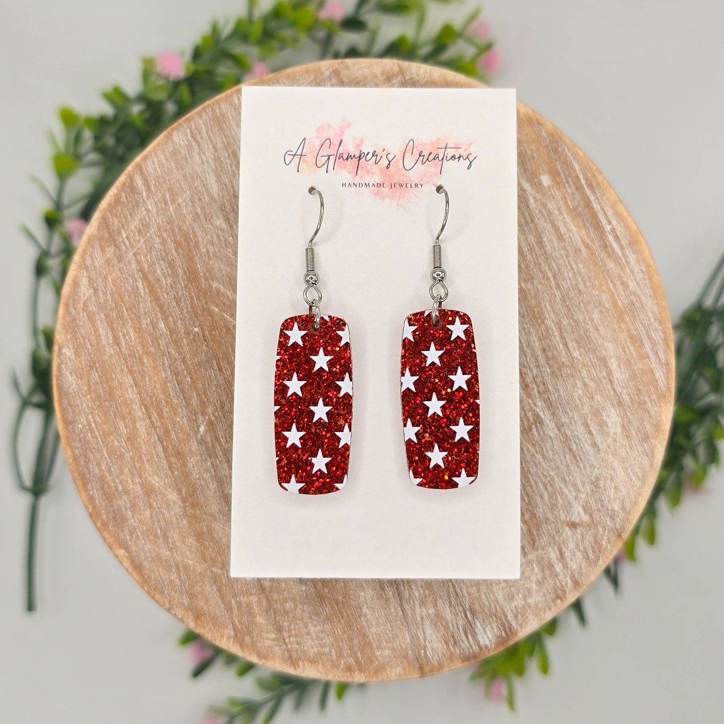 A Glamper's Creations LLC - Patriotic White Stars Red Glitter Acrylic Mini Bar Earrings