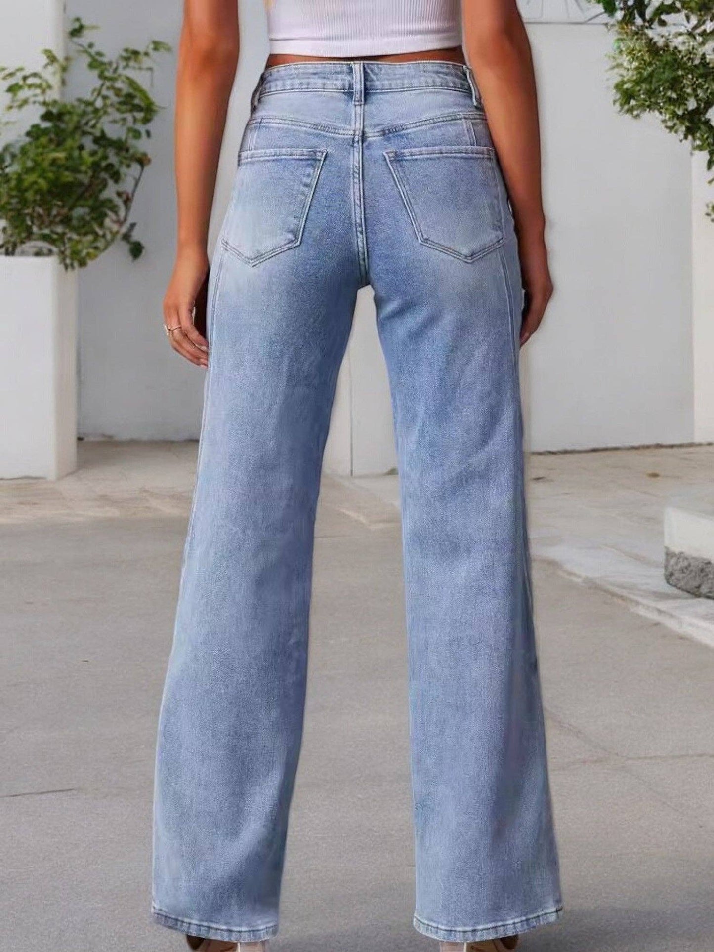 Anna Kaci Wholesale - Women's High Waist Wide Leg Jeans with Seaming Detail